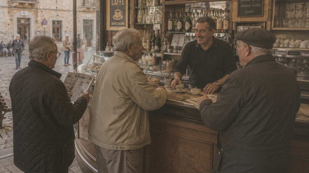 Habitants d'une ville italienne échangeant autour d'un café dans un établissement de quartier.