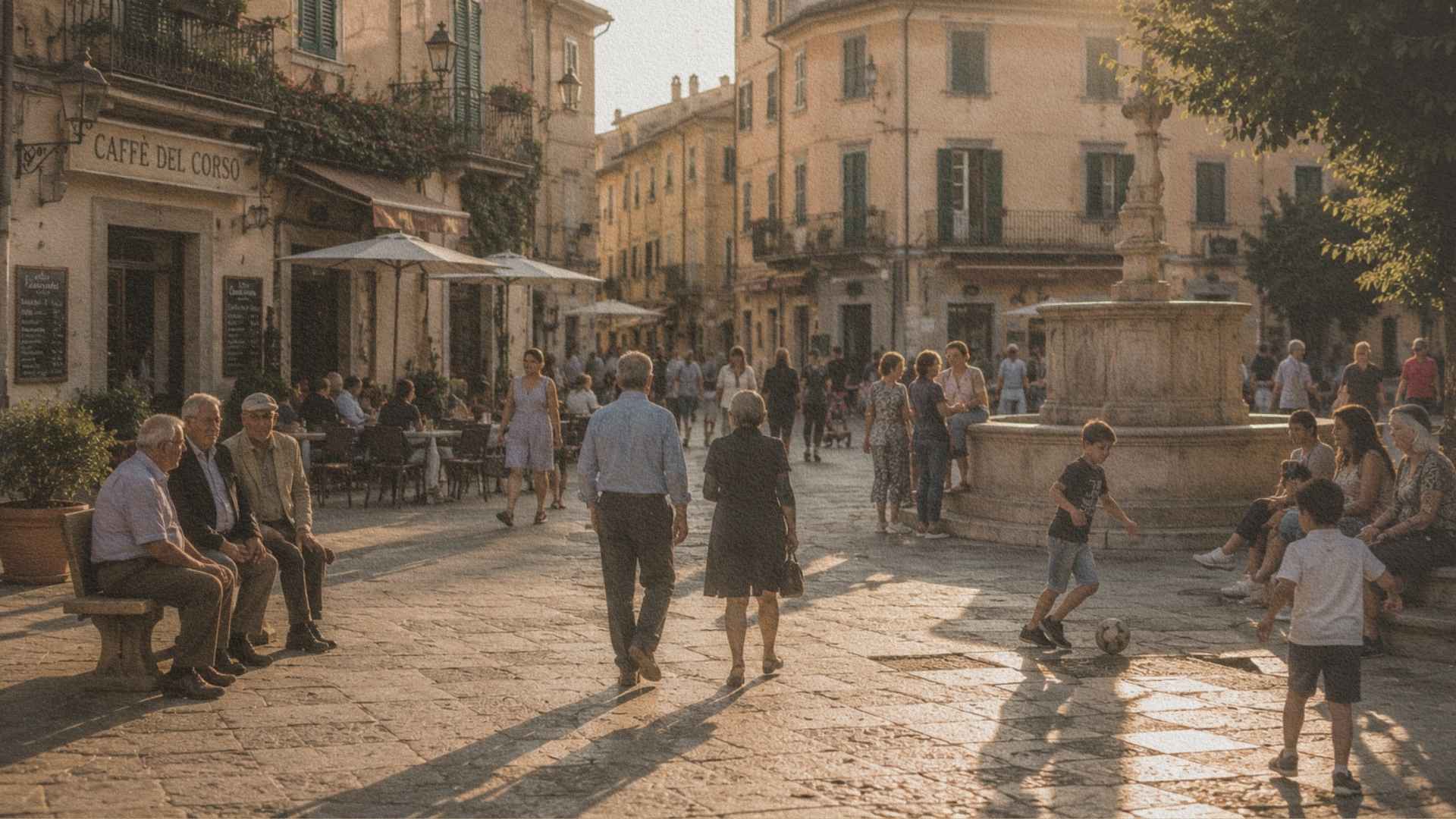 Habitants se promenant sur une place italienne en fin d'après-midi lors de la passeggiata.