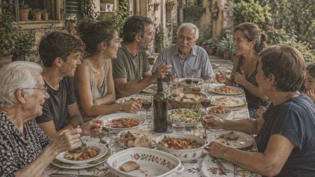 Famille italienne réunie autour d'un repas partagé en extérieur.