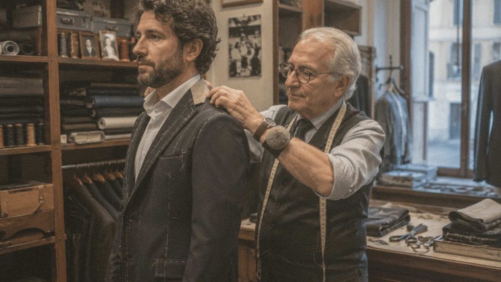 Tailleur italien ajustant une veste dans un atelier artisanal.