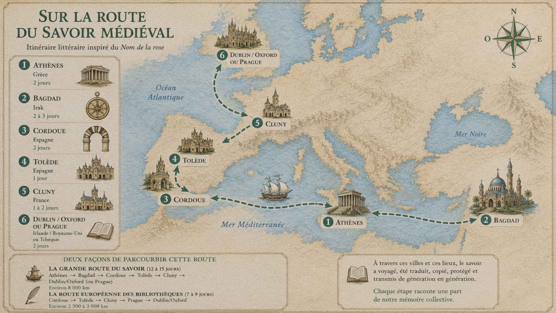 Infographie illustrant la transmission des savoirs de Bagdad à l'Europe médiévale par l'intermédiaire de Cordoue et Tolède.