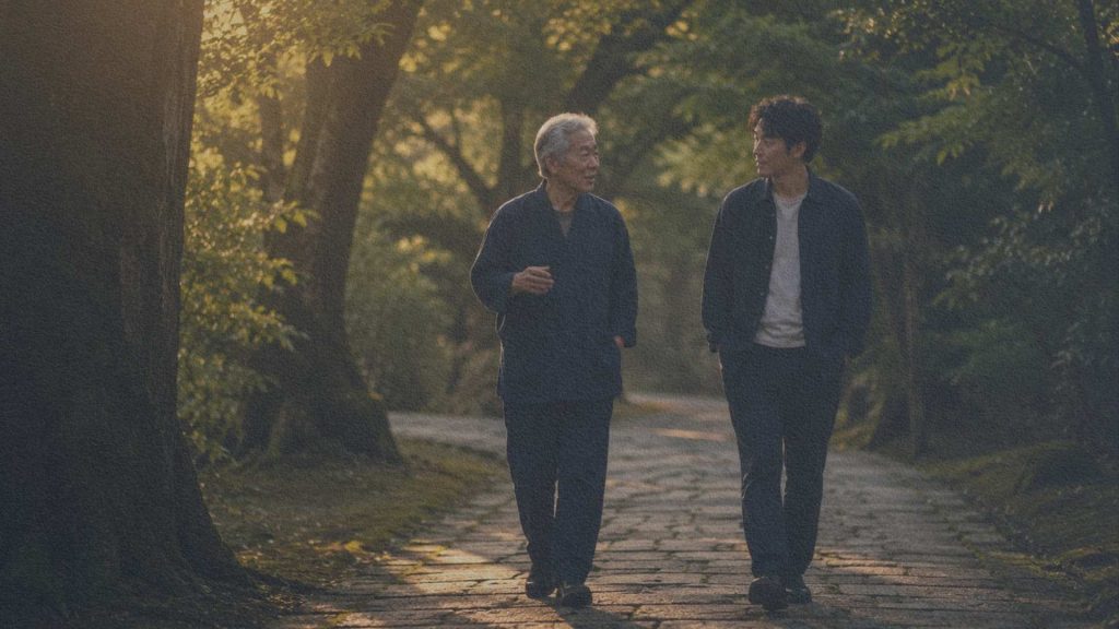 Personne âgée et jeune adulte marchant côte à côte sur un chemin bordé d'arbres en discutant paisiblement.