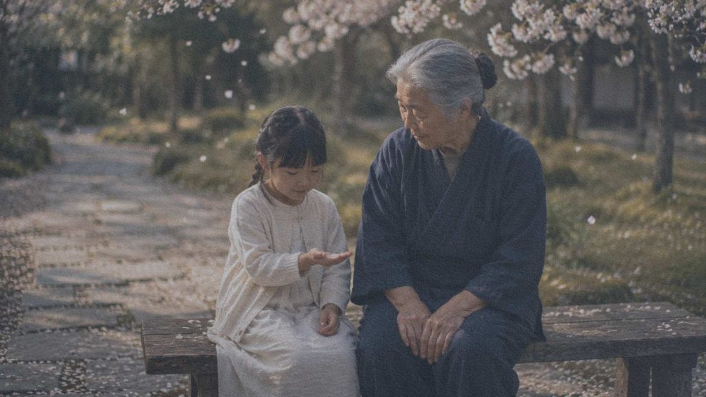 Grand-mère et petite-fille assises sur un banc dans un jardin japonais, observant quelques pétales de cerisier tomber dans la main de l'enfant.