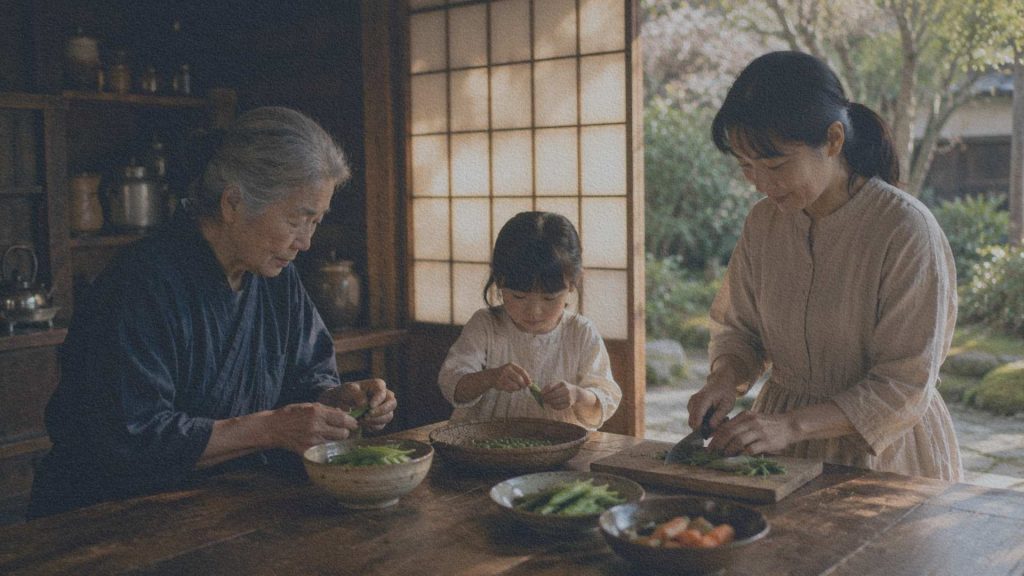 Trois générations d'une même famille préparant ensemble un repas dans une maison traditionnelle japonaise.