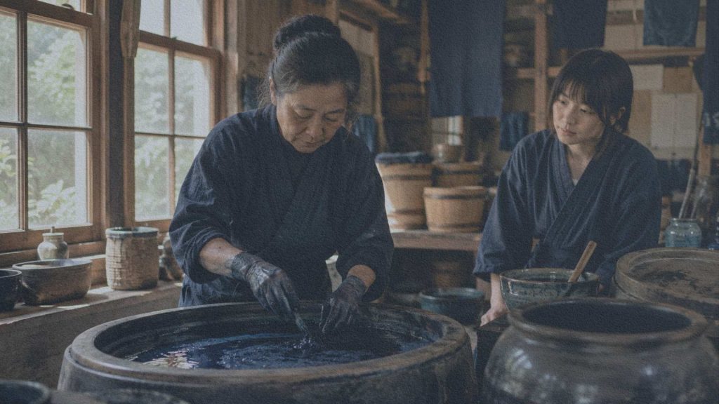 Artisane préparant lentement une cuve d'indigo traditionnelle sous le regard attentif d'une jeune apprentie dans un atelier japonais.