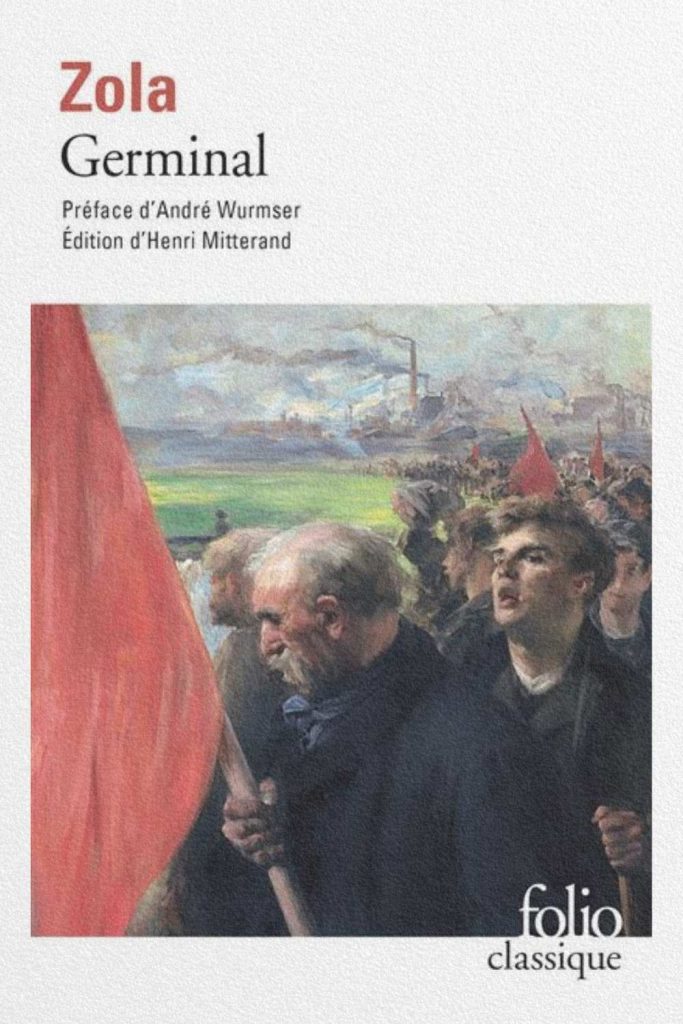 Ouvriers en marche devant les usines et les mines sur la couverture de Germinal, roman d'Émile Zola consacré au monde ouvrier du XIXe siècle