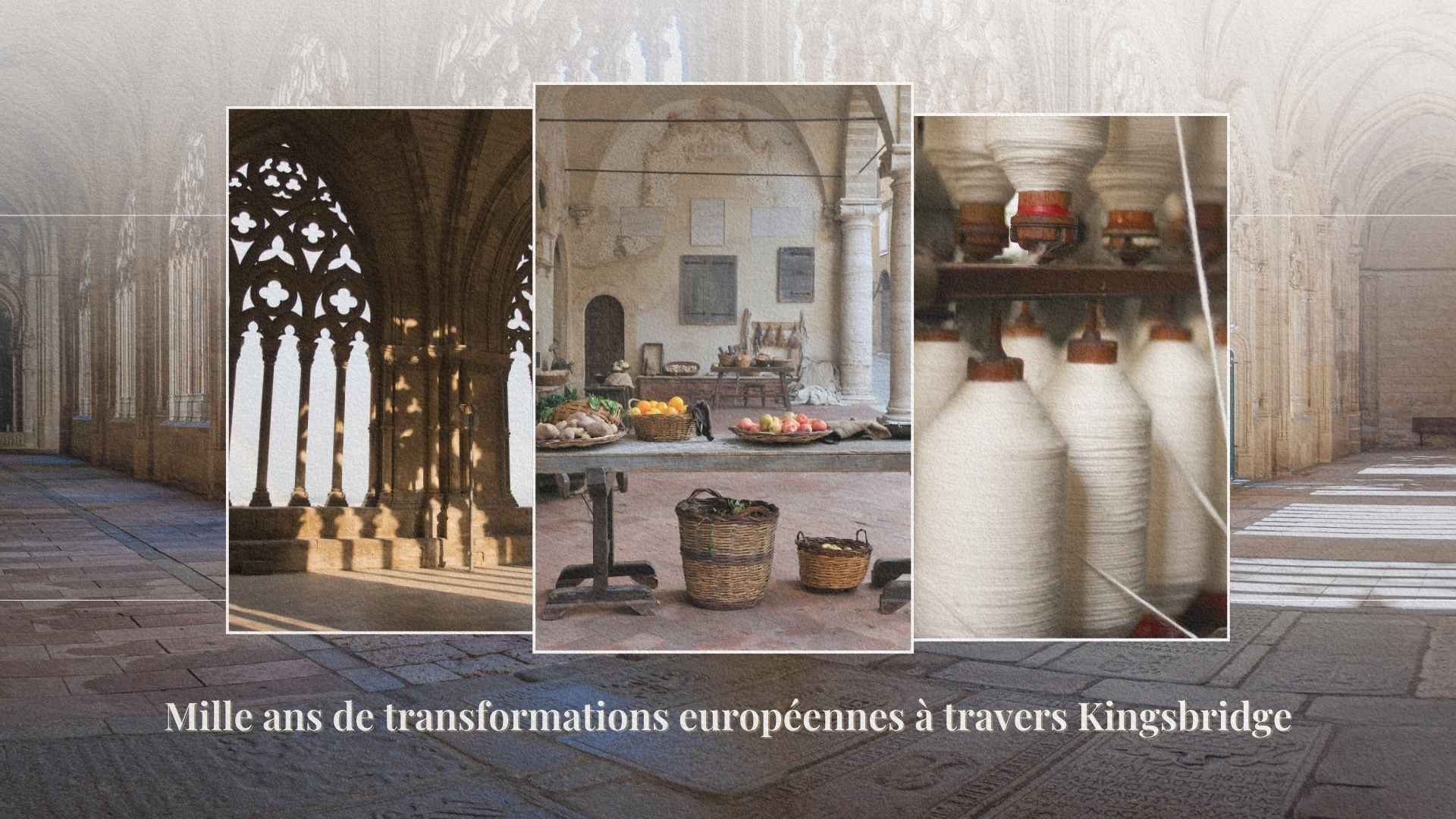 Montage illustrant mille ans de transformations européennes à travers la saga Kingsbridge de Ken Follett, de la société religieuse médiévale à l'industrie textile.