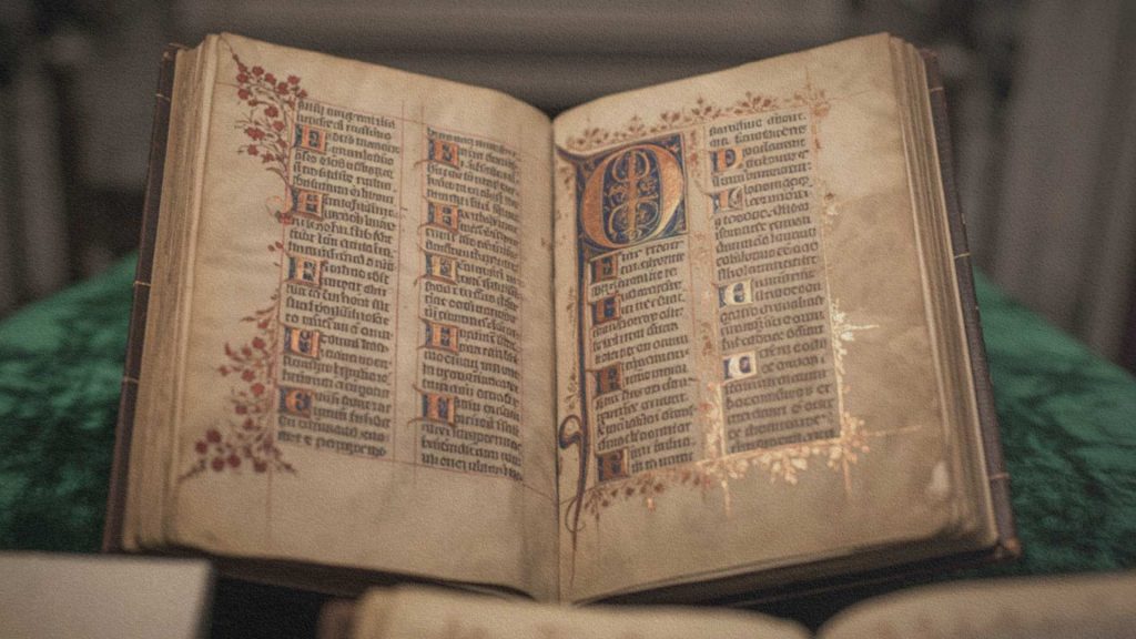 Manuscrit médiéval enluminé sur parchemin illustrant le travail des copistes et l'art de la transmission des textes au Moyen Âge.