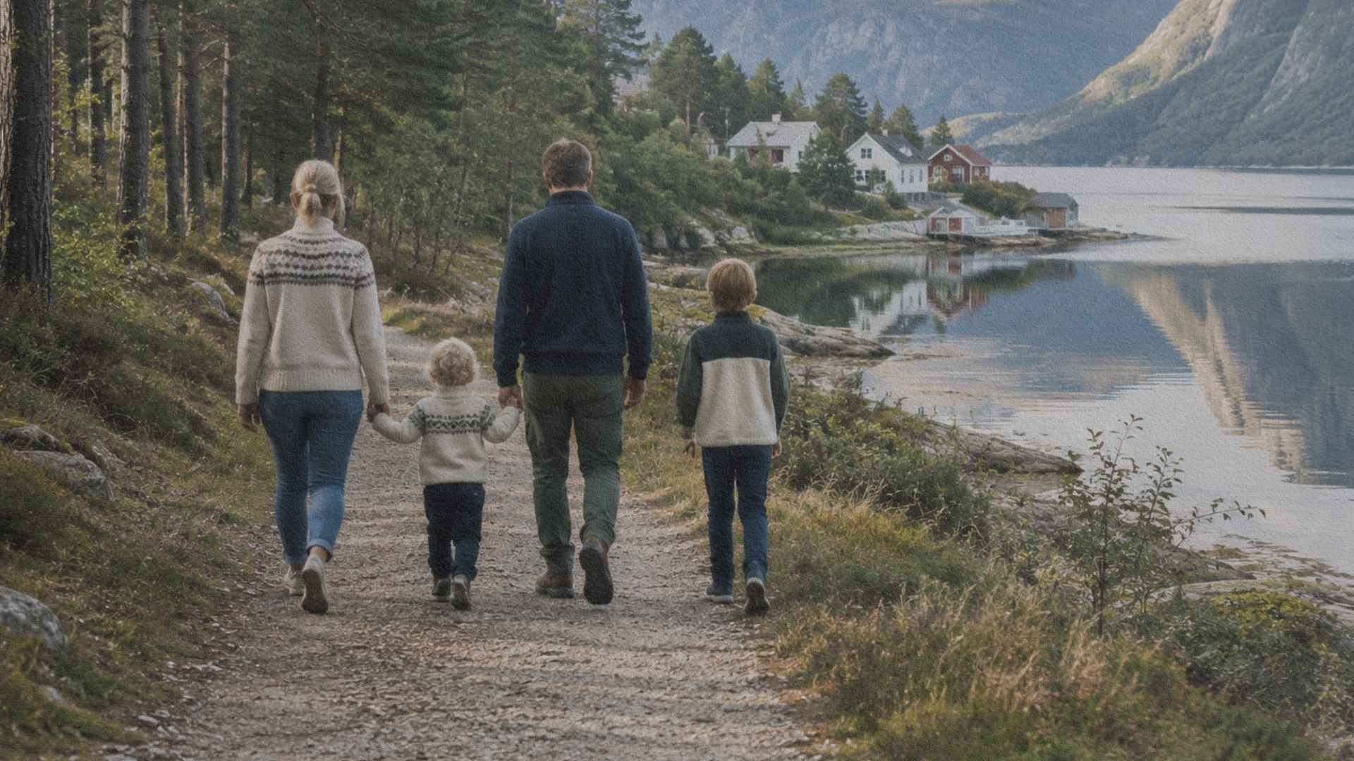 Famille marchant sur un sentier au bord d'un fjord norvégien, illustration du Friluftsliv et du lien quotidien avec la nature.