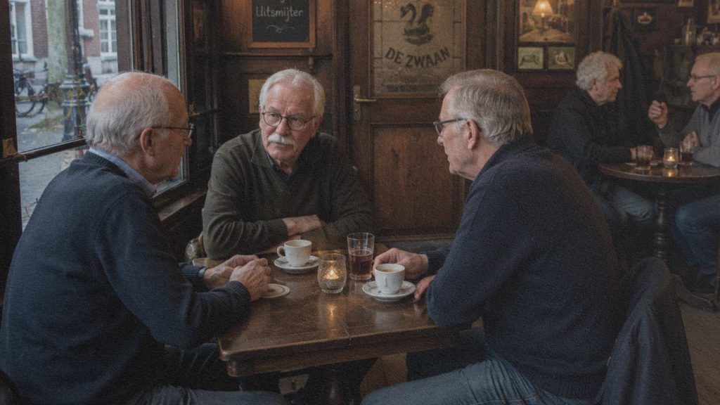 Intérieur d'un café brun traditionnel aux Pays-Bas où plusieurs personnes discutent autour d'une table.