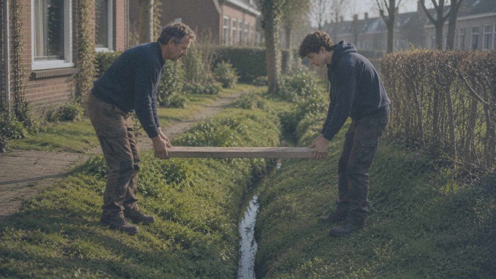 Un menuisier expérimenté et un jeune apprenti transportent ensemble une courte planche au-dessus d'un étroit fossé dans un quartier néerlandais.