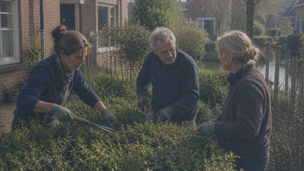 Trois voisins taillent ensemble une haie commune dans un jardin partagé d'un quartier résidentiel néerlandais.