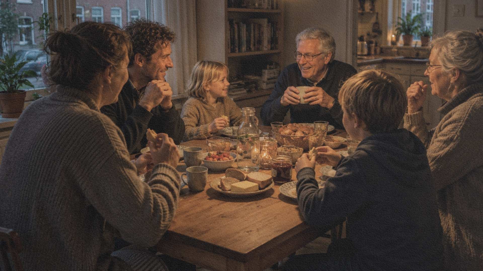Famille réunie autour d'une table dans une maison néerlandaise, illustration du Gezelligheid et de la convivialité du quotidien.