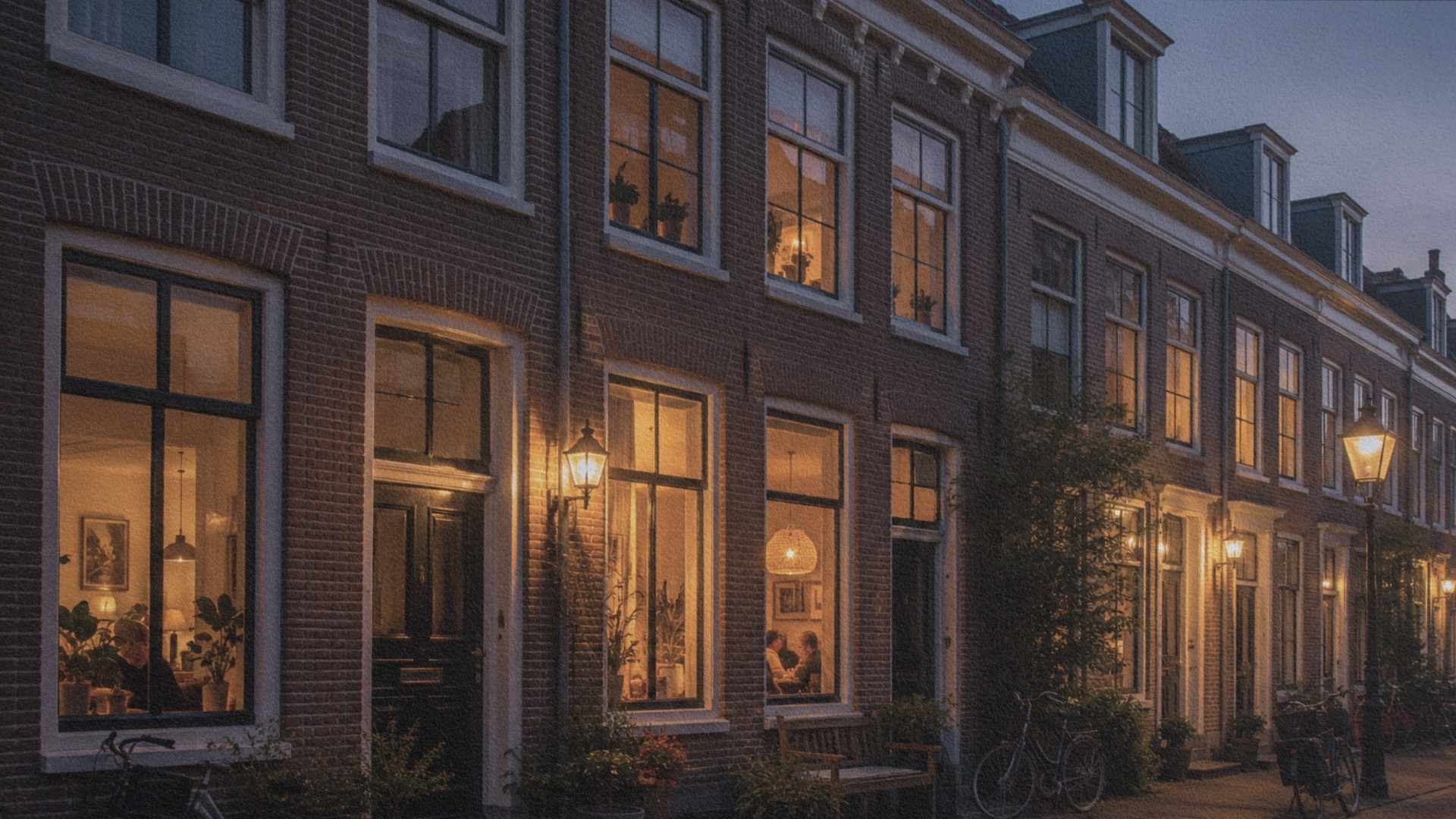 Maisons néerlandaises éclairées à la tombée du jour dans une rue calme.
