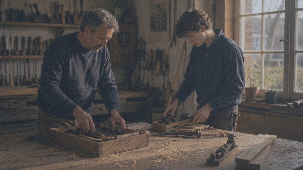 Deux menuisiers rangent tranquillement leur atelier après une journée de travail, tandis qu'un rabot et quelques copeaux restent sur l'établi.