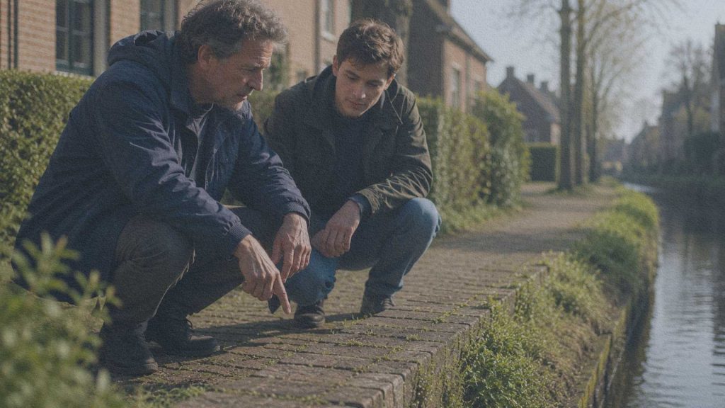Un homme âgé montre discrètement le niveau de l'eau d'un canal à un jeune adulte dans un village des Pays-Bas.