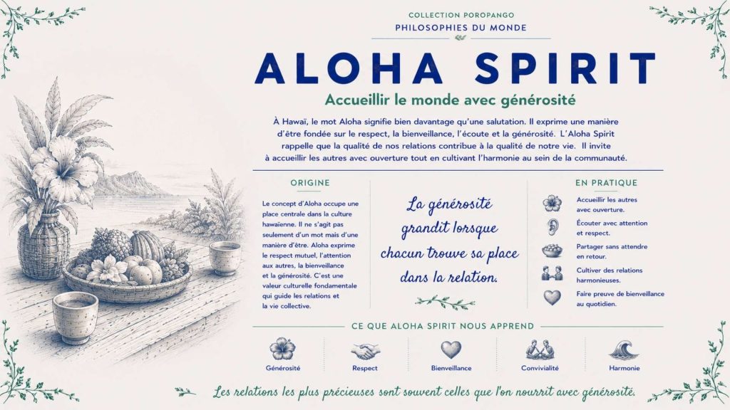 Infographie culturelle Poropango présentant l'Aloha Spirit, philosophie hawaïenne fondée sur le respect, la générosité et l'harmonie des relations humaines