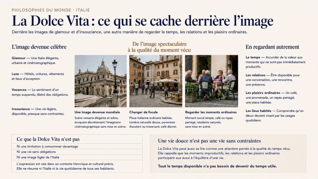 Infographie culturelle sur la Dolce Vita, art de vivre italien fondé sur le temps partagé, les plaisirs simples, les relations humaines et l'attention portée à la qualité du moment vécu.