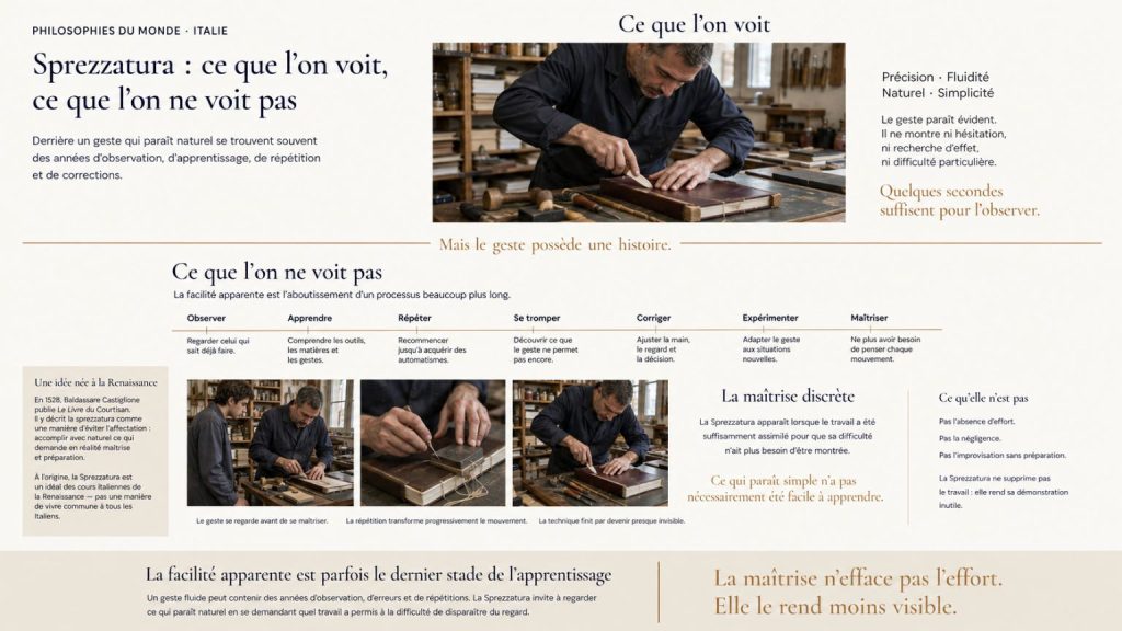 Infographie culturelle sur la Sprezzatura, concept italien né à la Renaissance qui valorise l'art de maîtriser une compétence avec naturel, élégance et apparente facilité.