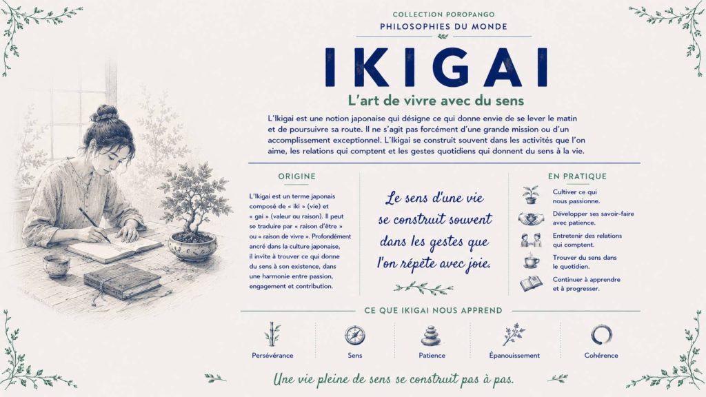 Infographie culturelle sur l'Ikigai, concept japonais qui désigne ce qui donne de la valeur à la vie à travers les activités, les relations et les engagements du quotidien.
