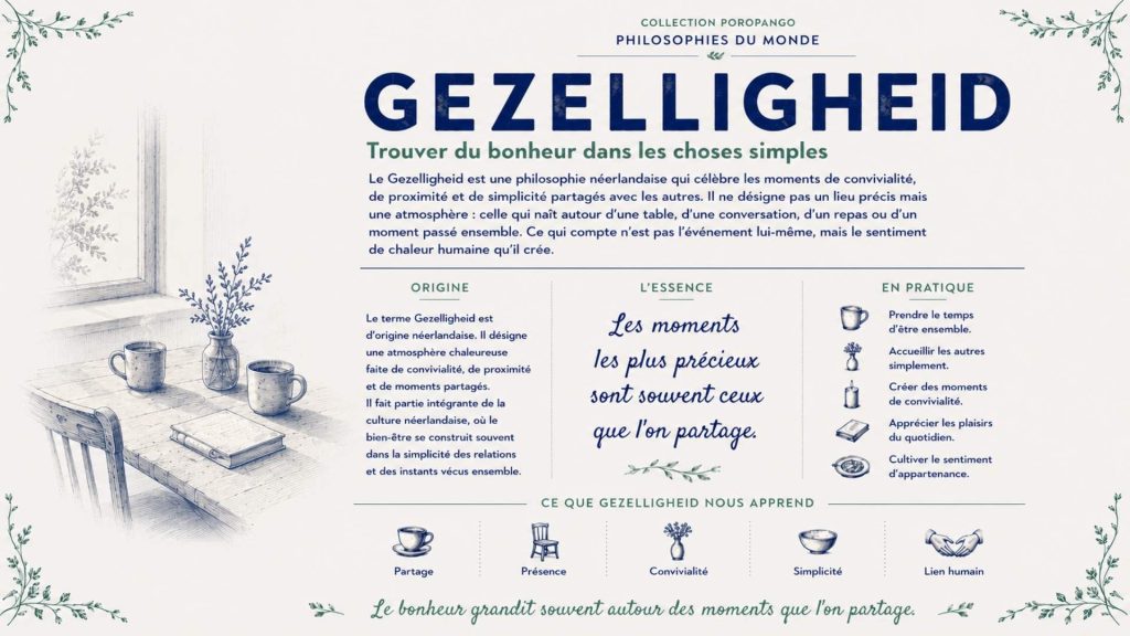 Infographie culturelle sur le Gezelligheid, philosophie néerlandaise de la convivialité, du lien social et de l'atmosphère chaleureuse du quotidien.