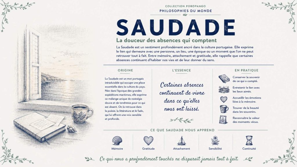 Infographie culturelle sur la Saudade, concept portugais associé à la mémoire, à l'absence, aux départs et à l'attachement durable aux personnes, aux lieux et aux souvenirs.