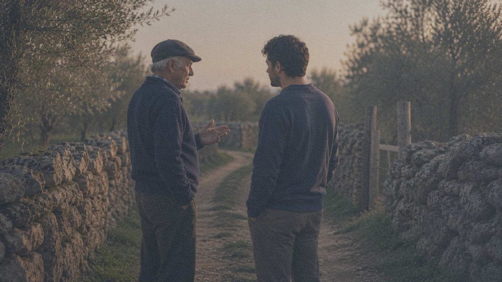 Un homme âgé et un jeune adulte marchent sur un chemin rural bordé de murets en pierre dans la campagne portugaise, en échangeant quelques mots à la lumière du soir.