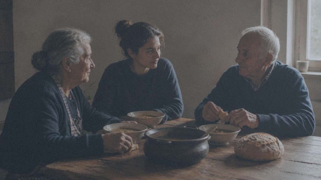 Trois générations d'une famille portugaise partagent un repas simple autour d'une marmite, de trois bols et d'un pain dans une cuisine de campagne.