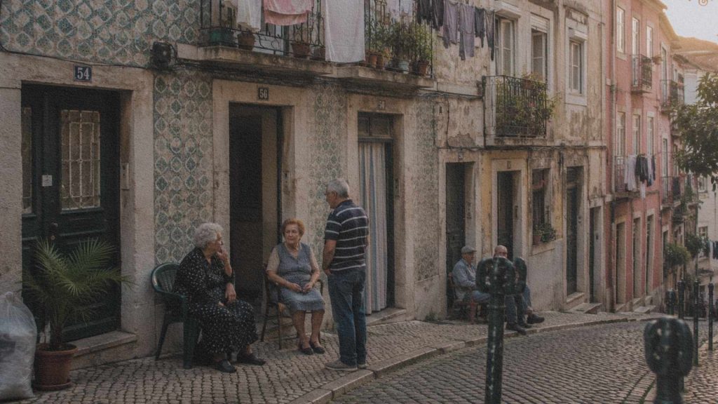 Rue résidentielle de Lisbonne avec habitants discutant devant des façades anciennes.