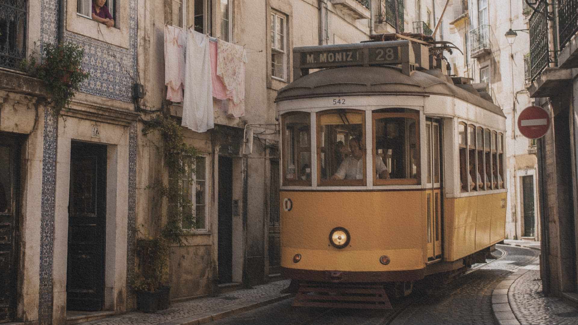 Tramway jaune traversant une rue ancienne de Lisbonne bordée de façades patinées, avec habitants aux fenêtres et sur les balcons.