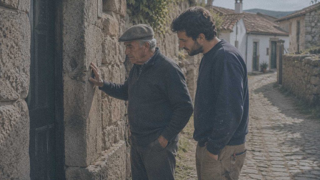 Un tailleur de pierre portugais âgé et un jeune artisan observent ensemble un ancien encadrement de porte en granit dans un village de l'intérieur du Portugal.