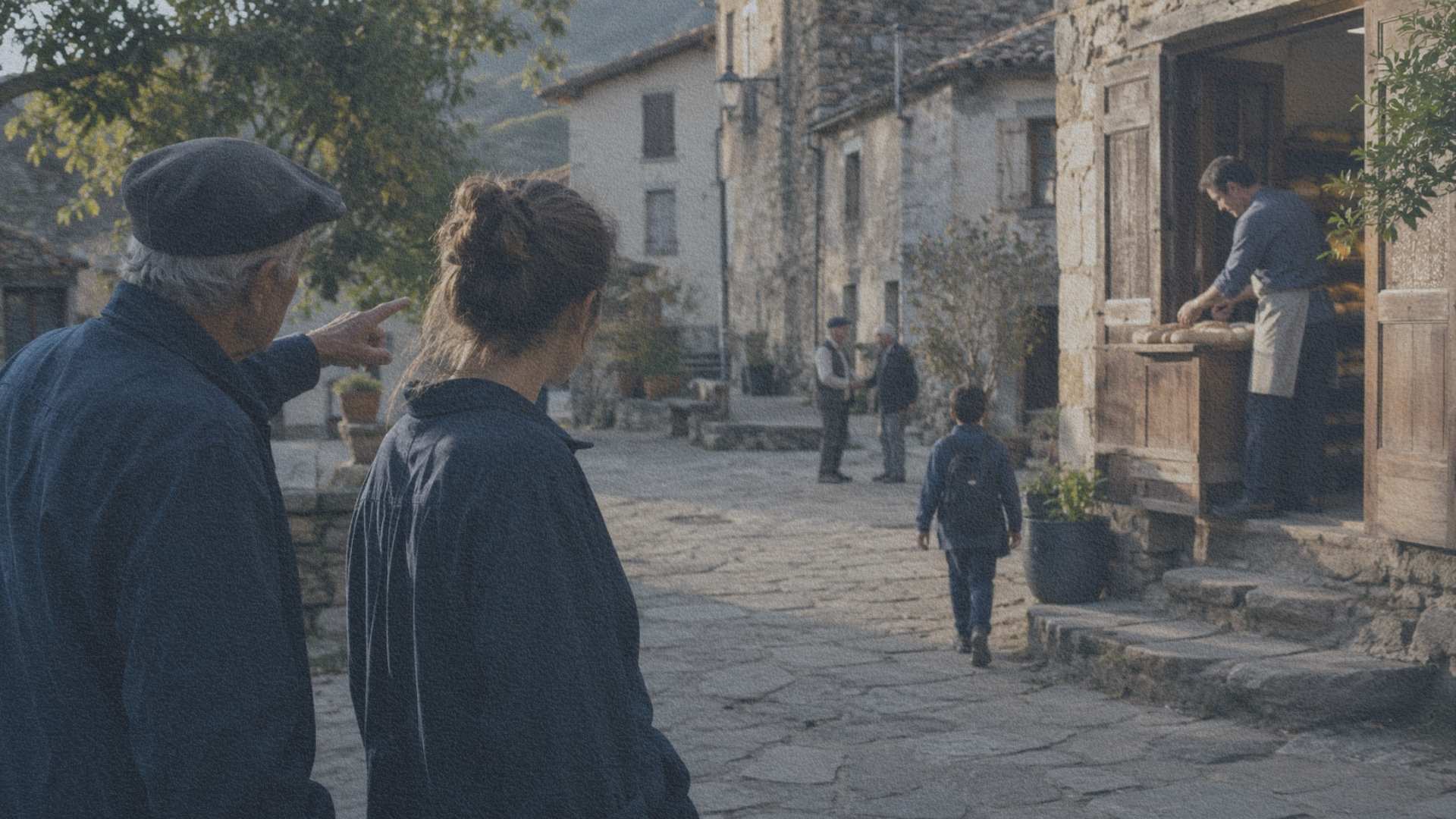 Un habitant montre discrètement la vie quotidienne de son village à une jeune voyageuse qui observe attentivement les lieux.