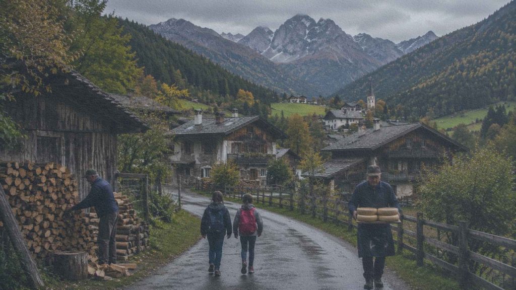Habitants d'un village des Alpes italiennes poursuivant leurs activités quotidiennes au pied des montagnes.
