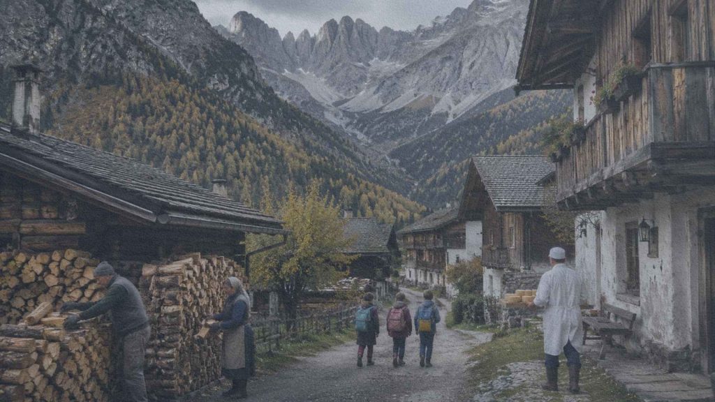 Village des Alpes italiennes où les habitants poursuivent des activités quotidiennes au cœur d'un paysage de montagne.