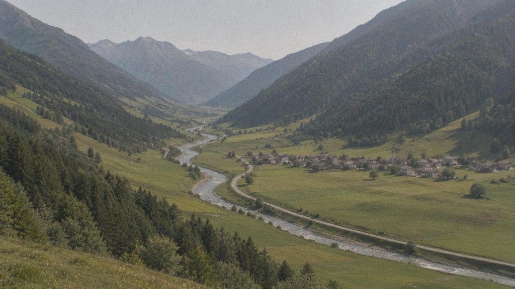 Une vallée alpine italienne où villages, rivière et route suivent le fond de vallée.