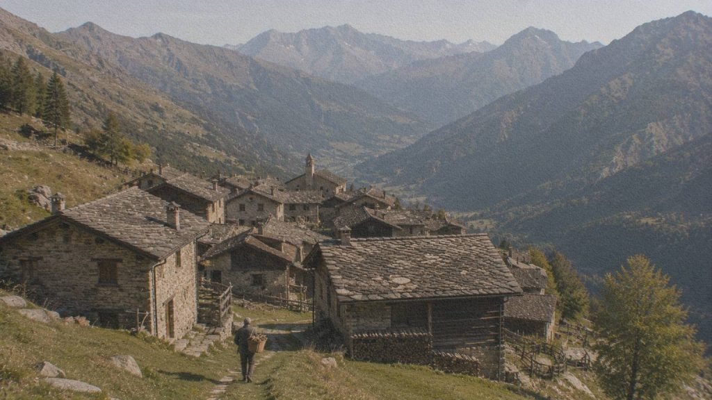 Un village des Alpes italiennes construit sur un versant bien exposé au soleil.