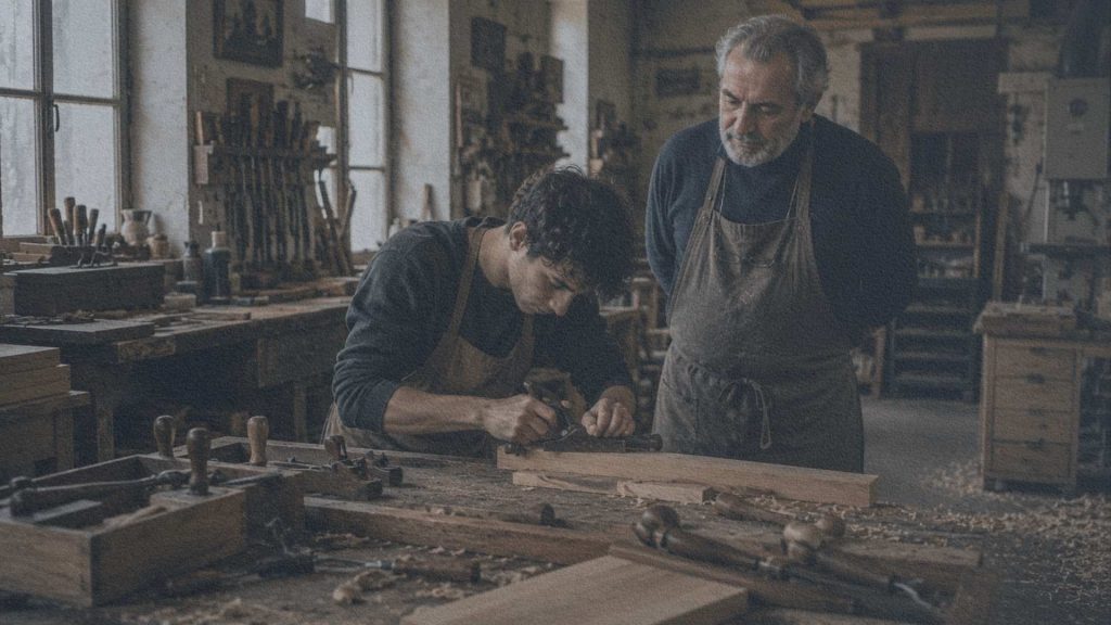 Maître artisan observant un apprenti qui travaille une pièce de bois dans un atelier italien.