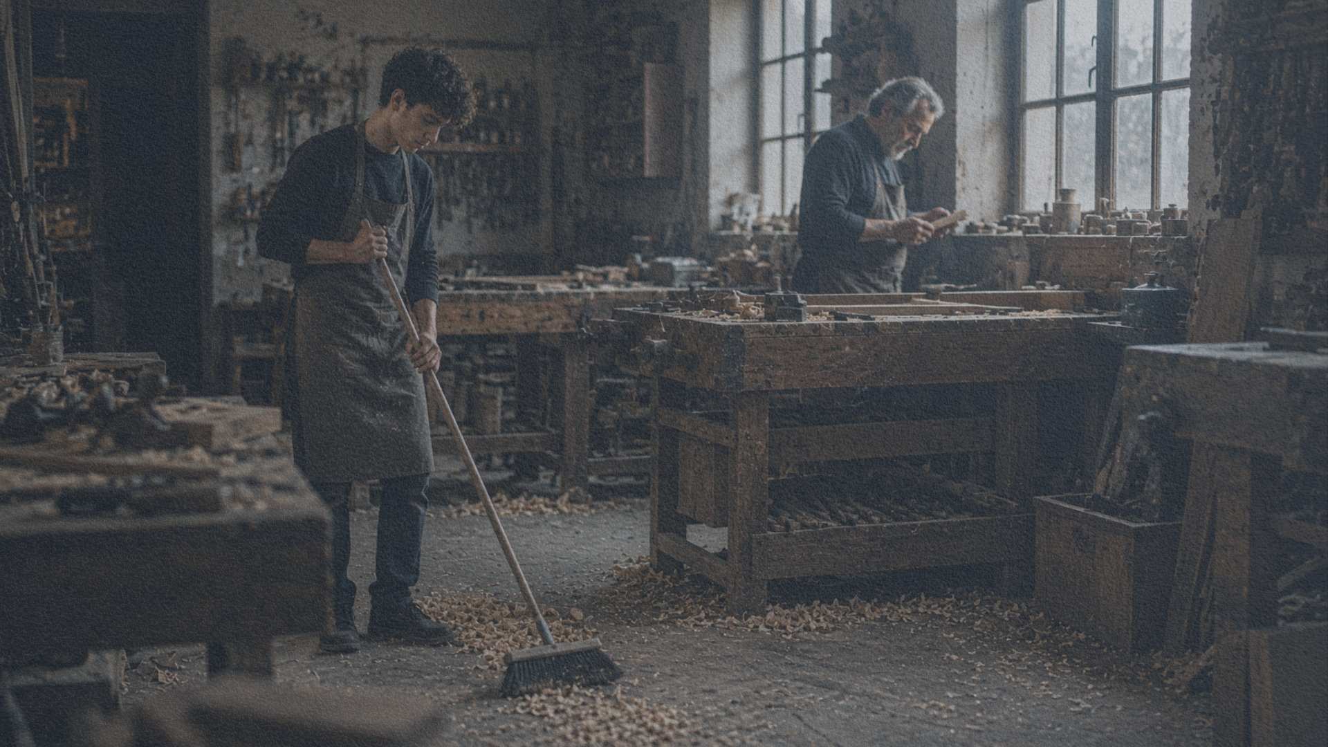 Apprenti balayant les copeaux dans un atelier italien pendant que le maître examine un ouvrage terminé.