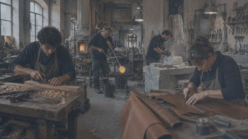 Artisans italiens travaillant le bois, le verre, le cuir et la pierre selon des gestes propres à chaque matériau.