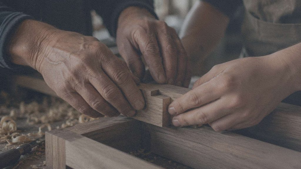 Deux générations d'artisans réalisant ensemble un assemblage de bois dans un atelier italien.