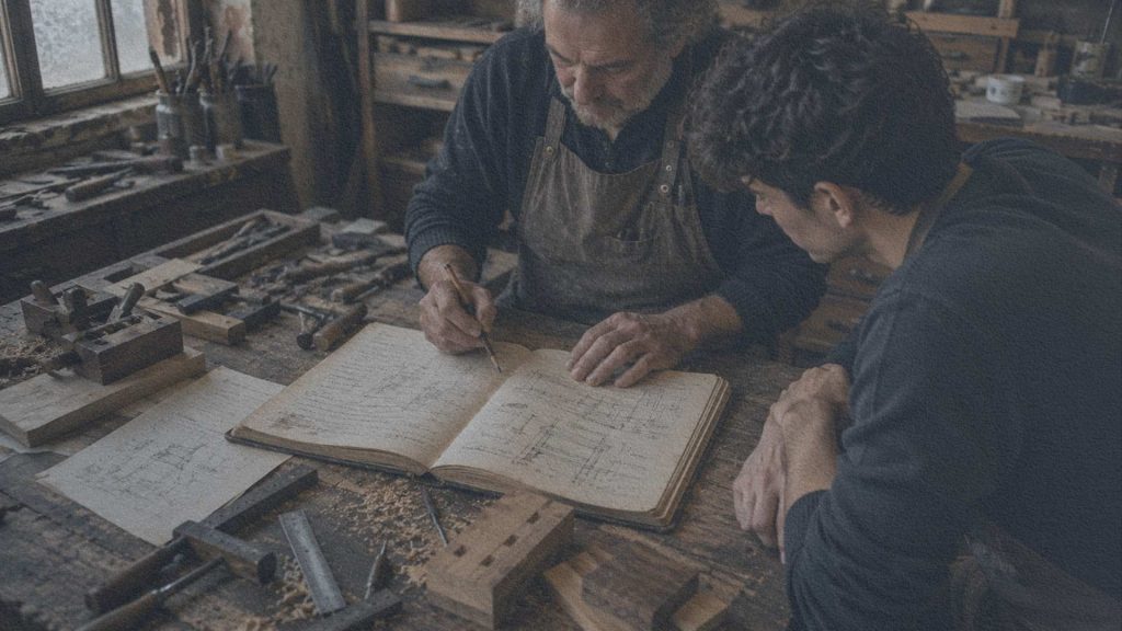 Maître artisan dessinant dans un carnet d'atelier tandis qu'un apprenti observe attentivement.
