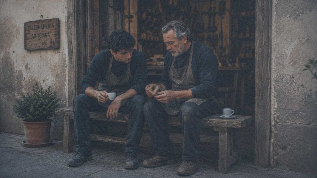 Maître artisan et apprenti échangeant pendant une pause devant leur atelier.