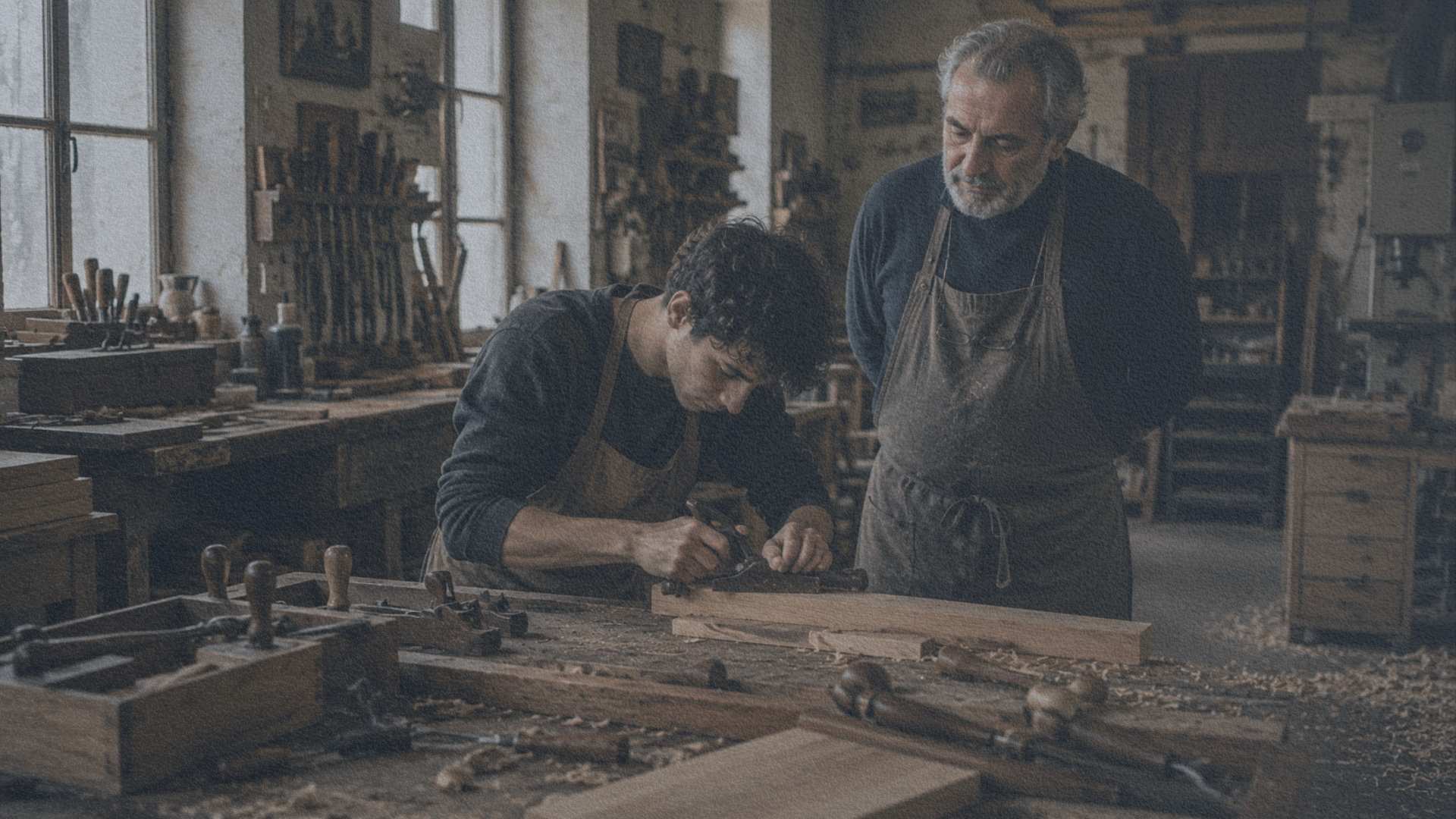 Maître artisan observant un apprenti qui travaille une pièce de bois dans un atelier italien.