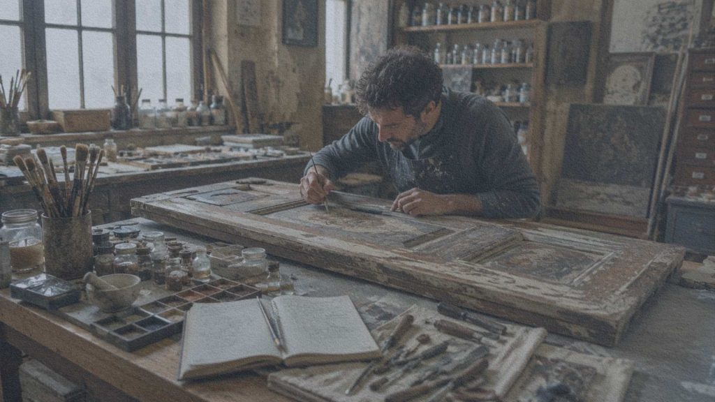 Conservateur restaurant une ancienne porte en bois dans un atelier italien spécialisé dans la préservation du patrimoine.