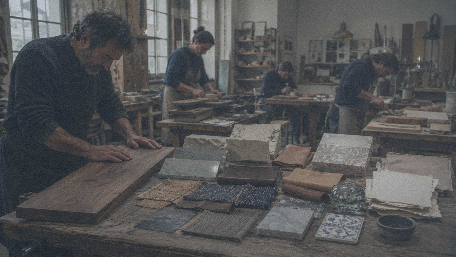 Artisans italiens travaillant différentes matières dans un atelier partagé où le bois, le cuir, la pierre, le verre et le textile coexistent.