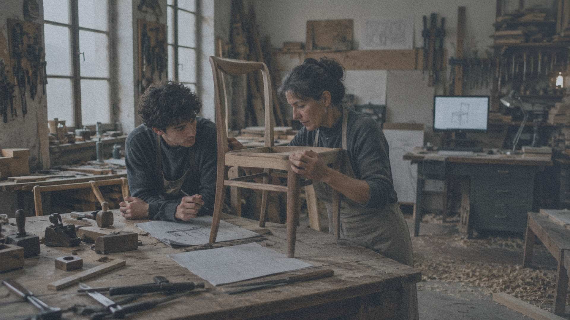 Artisane et apprenti travaillant ensemble dans un atelier italien où les savoir-faire traditionnels rencontrent les techniques contemporaines.