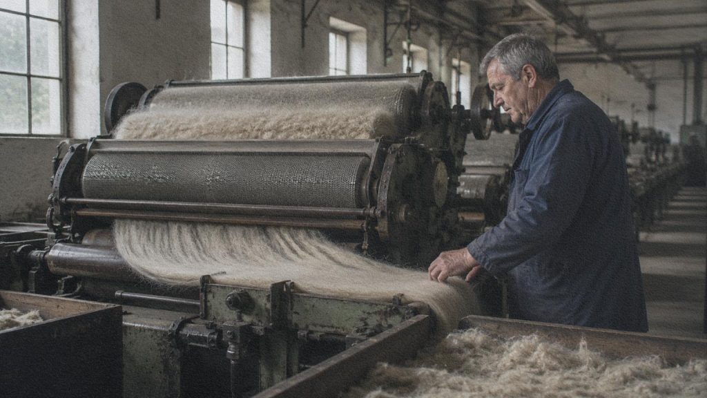 Préparation de fibres de laine dans une filature de Biella.