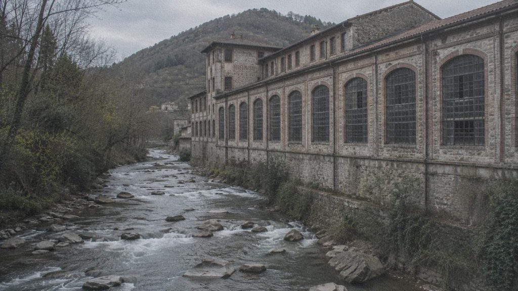 Ancienne filature installée au bord d'une rivière alpine dans la région de Biella.
