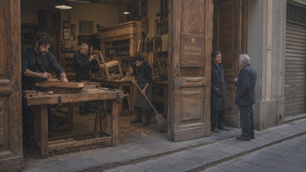 Une bottega italienne ouverte sur la rue, où plusieurs artisans travaillent tandis qu'un apprenti prépare l'atelier au début de la journée.