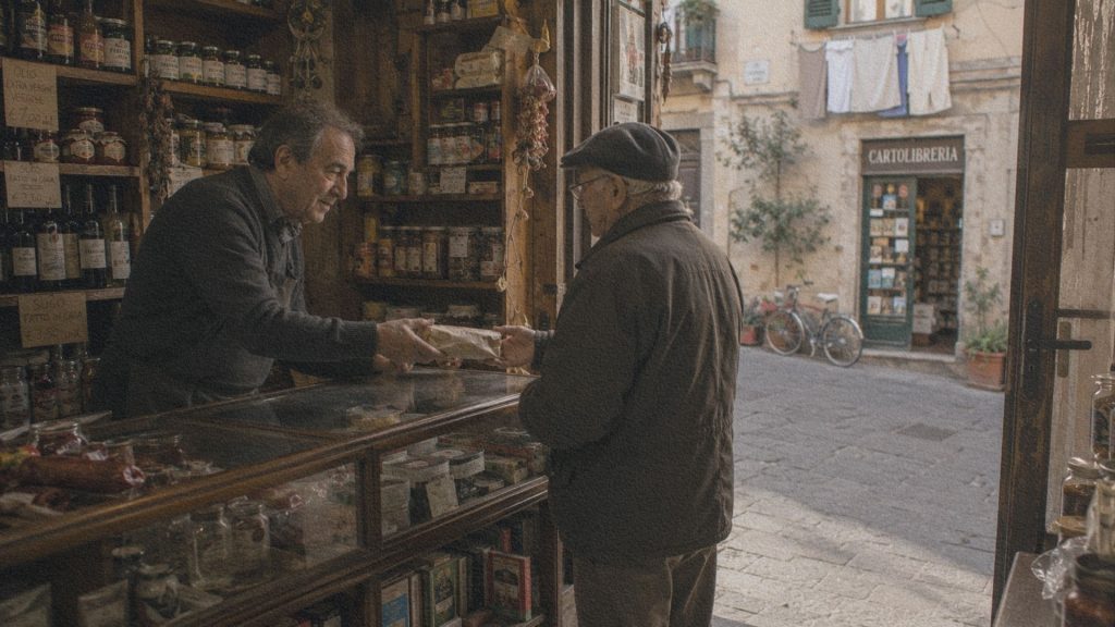 Un commerçant remet naturellement un produit à une cliente habituée dans une petite boutique familiale du centre historique d'une ville italienne.